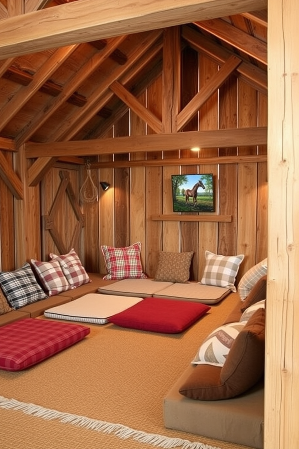 Create a cozy barn man cave featuring floor cushions arranged for casual seating. The space is adorned with rustic wooden beams and warm lighting, creating an inviting atmosphere for relaxation and entertainment.