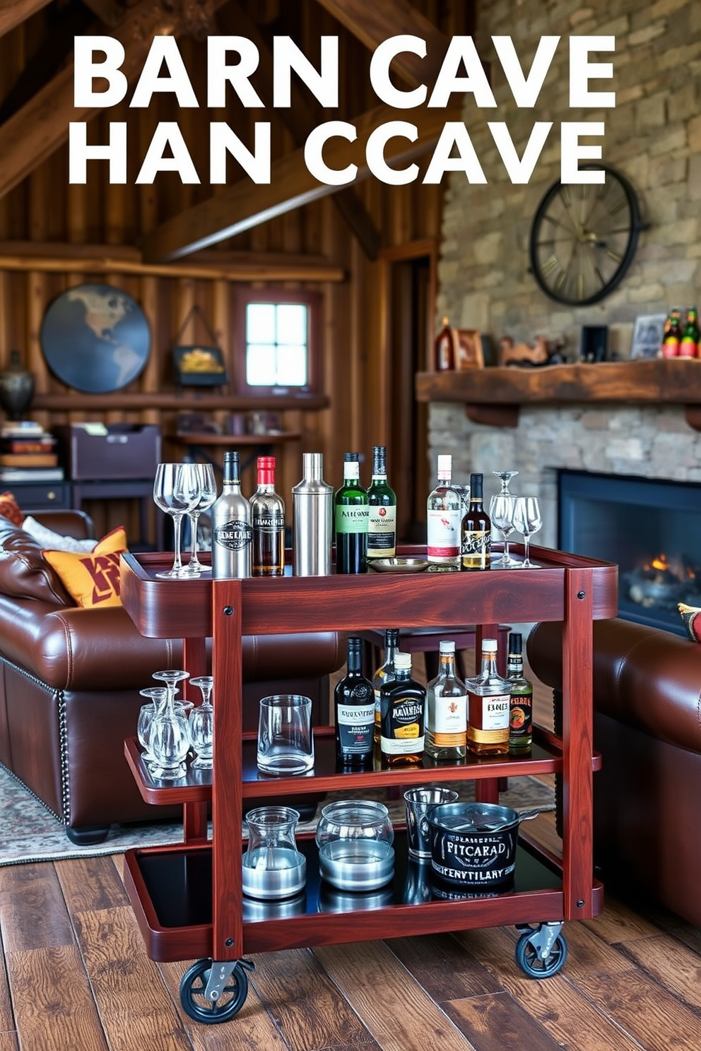 A cozy barn man cave filled with rustic charm. The space features a large decorative rug in earthy tones, adding warmth and comfort to the wooden floor. A vintage pool table sits in the center, surrounded by plush seating upholstered in leather. The walls are adorned with reclaimed wood and vintage signs, creating an inviting atmosphere.