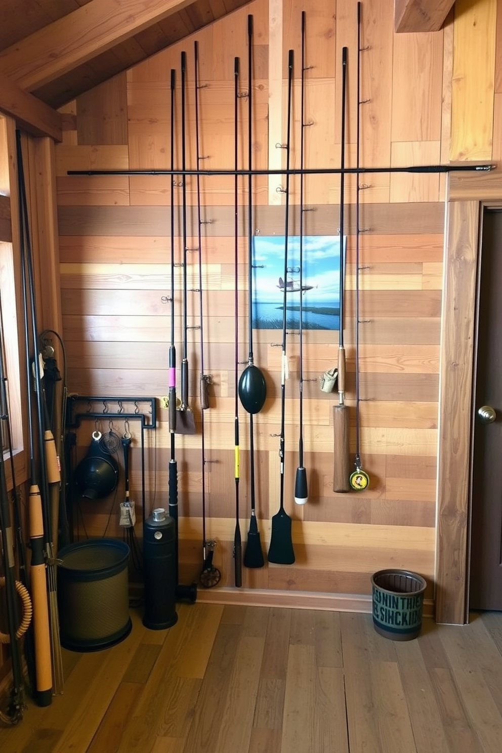 A rustic barn man cave featuring wall-mounted fishing rods as decor. The walls are adorned with reclaimed wood panels, and vintage fishing gear is displayed alongside the rods for a cohesive look.