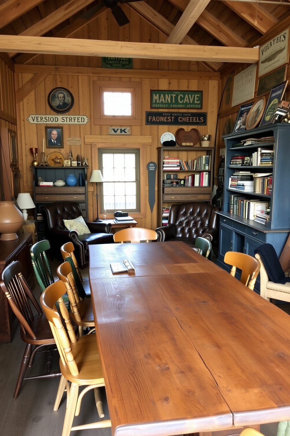 A cozy barn man cave designed for relaxation and entertainment. The space features comfortable leather seating arranged around a rustic wooden coffee table, with a large flat-screen TV mounted on the wall. Soft mood lighting is achieved through adjustable dimmers, allowing for a warm ambiance during gatherings. Exposed wooden beams and a stone fireplace add character to the room, creating an inviting atmosphere.