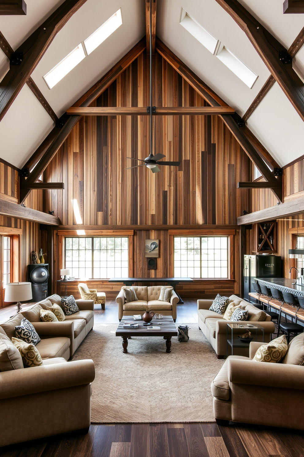 A spacious open layout designed for social interactions features a large central seating area with plush sofas and armchairs arranged around a rustic coffee table. The walls are adorned with reclaimed wood accents, and large windows allow natural light to flood the space, creating a warm and inviting atmosphere. The barn man cave incorporates industrial elements with exposed beams and metal fixtures, blending comfort with a rugged aesthetic. A bar area with high stools and a vintage-style fridge complements the entertainment space, making it perfect for gatherings and relaxation.