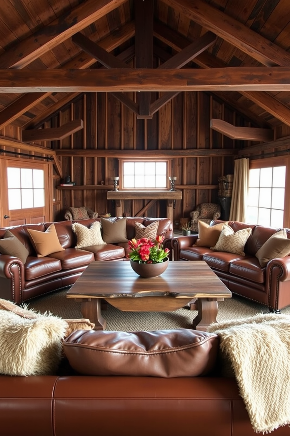 Cozy leather seating arranged around a rustic wooden coffee table creates an inviting atmosphere. The throw pillows in various textures and warm colors add comfort and style to the barn man cave design.