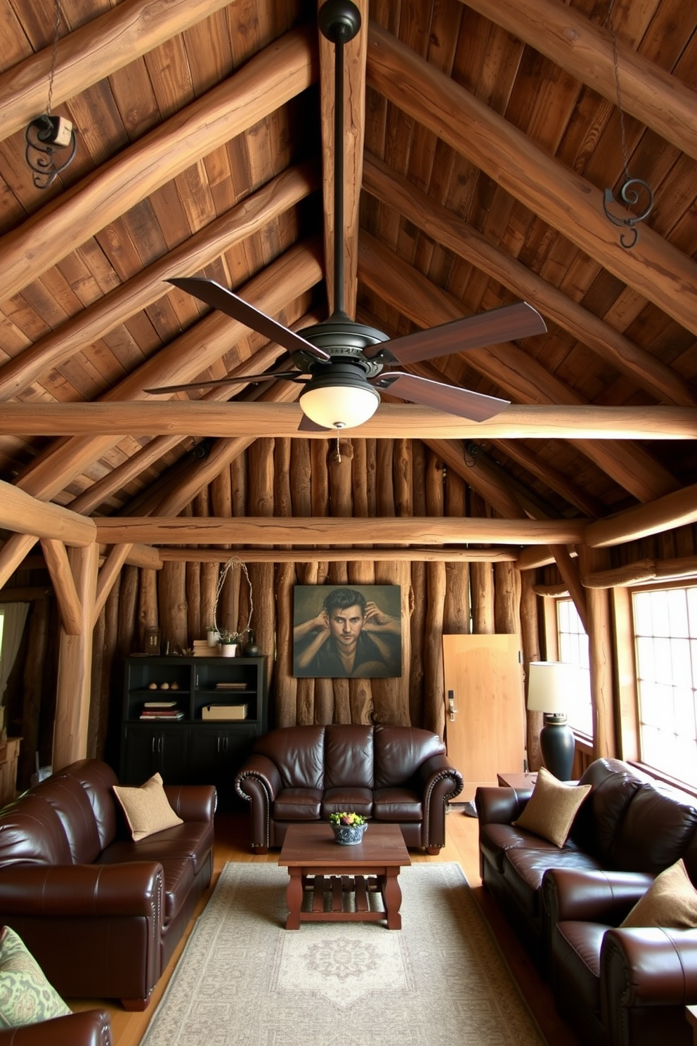 A rustic barn man cave featuring exposed wooden beams and a cozy seating area with leather sofas. In the center of the room, a large ceiling fan hangs from the ceiling, providing comfort and airflow while complementing the barn aesthetic.