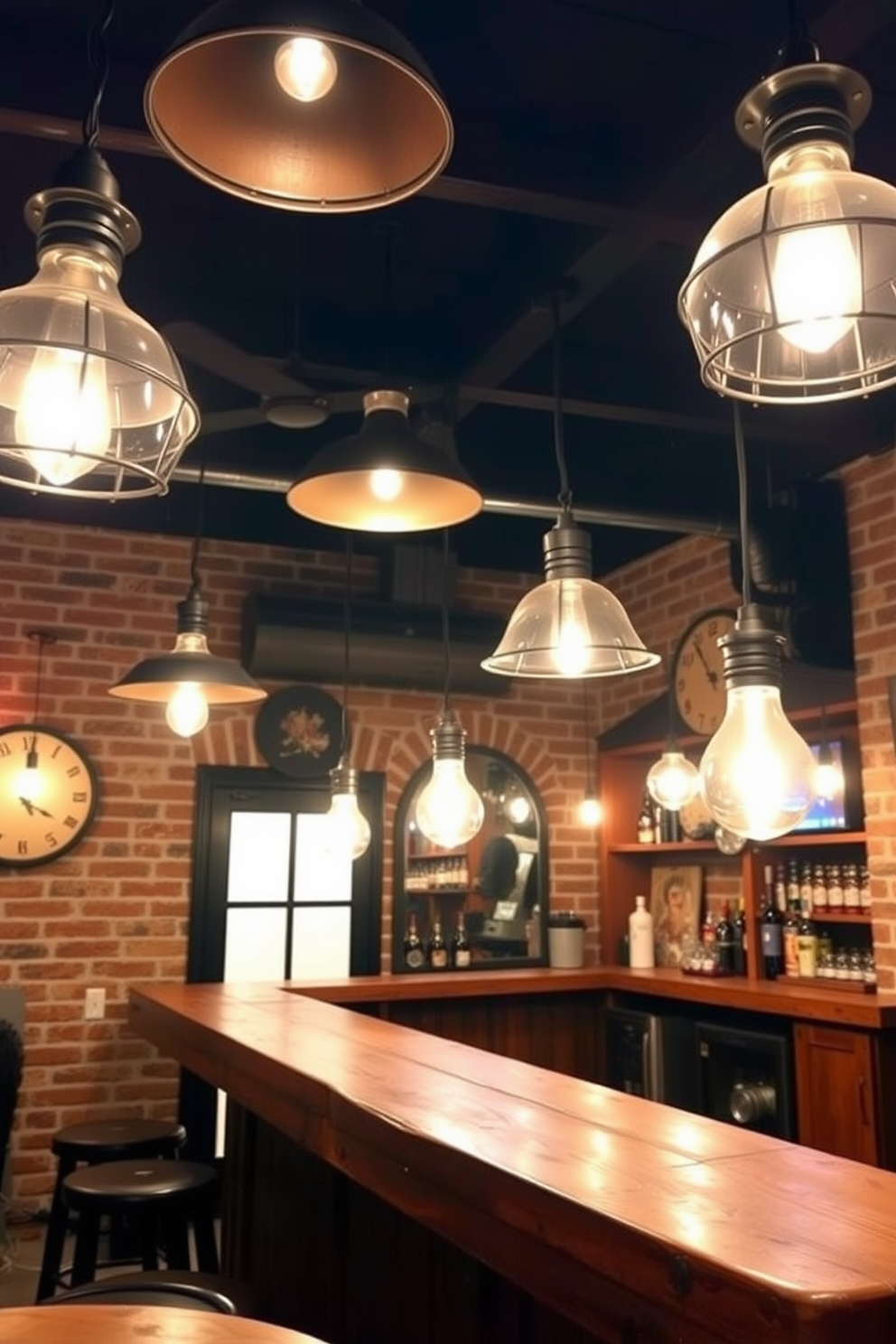 A cozy man cave featuring industrial lighting fixtures that create a warm and inviting ambiance. The space is adorned with exposed brick walls and a rustic wooden bar, complemented by vintage-style pendant lights hanging from the ceiling.