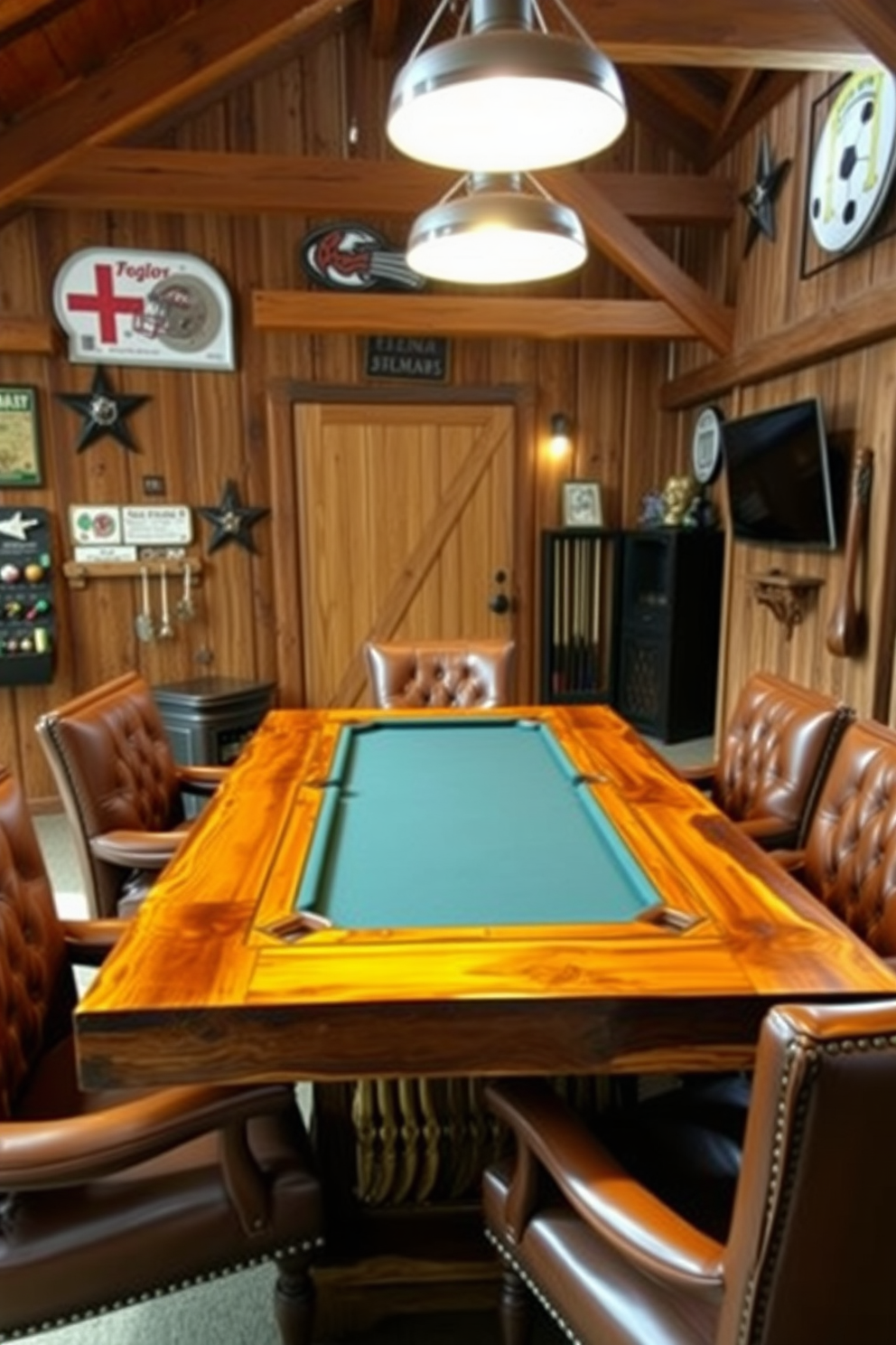 A cozy barn man cave featuring plush leather sofas arranged around a rustic wooden coffee table. Warm lighting fixtures hang from the exposed beams, creating an inviting atmosphere perfect for relaxation and entertainment.