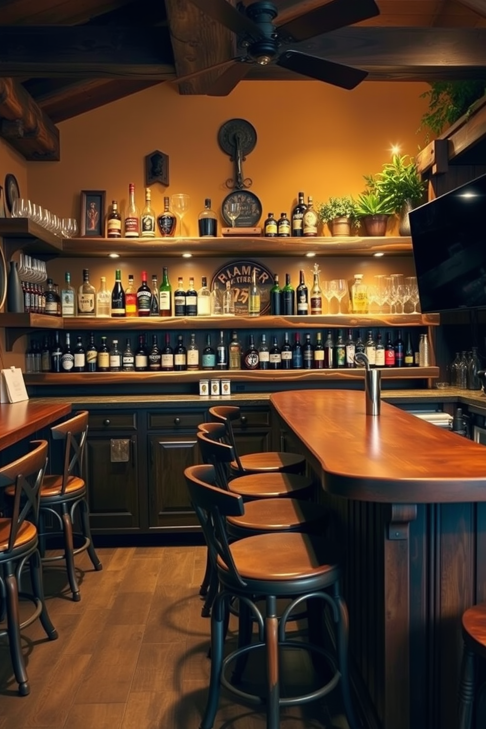 A cozy home bar featuring rustic wooden shelves filled with an array of spirits and glassware. The space is designed with a warm color palette, complemented by vintage bar stools and soft ambient lighting. The walls are adorned with rustic decor elements, giving it a man cave vibe. A large wooden bar top invites gatherings, while a mounted flat-screen TV adds to the entertainment experience.