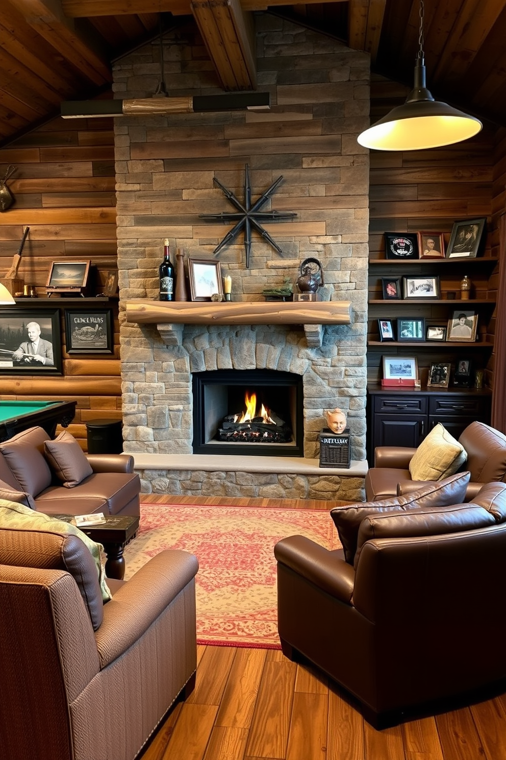 A cozy man cave featuring a rustic fireplace that serves as the focal point of the room. The fireplace is surrounded by reclaimed wood, with a comfortable seating area arranged in a circular layout for warmth and relaxation. The walls are adorned with vintage barn wood accents, creating a warm and inviting atmosphere. A pool table sits in one corner, while shelves filled with memorabilia and rustic decor add character to the space.