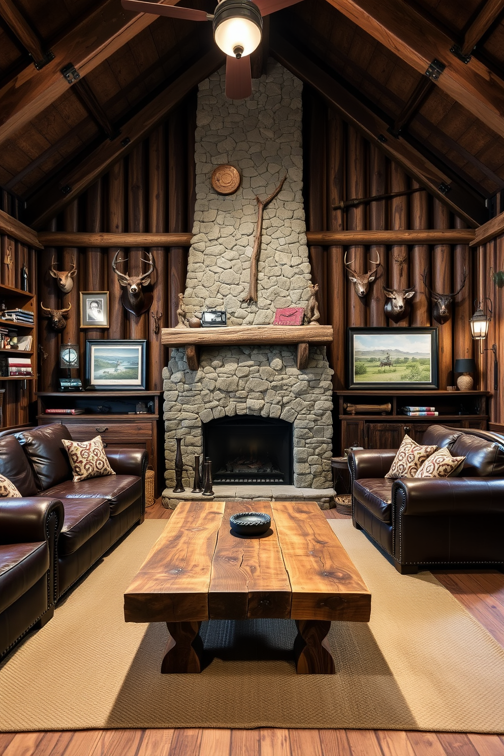 A cozy barn man cave featuring rustic wooden beams and a stone fireplace as the focal point. The walls are adorned with memorabilia from favorite hobbies such as fishing and hunting, with mounted trophies and framed photographs. Comfortable leather seating is arranged around a handcrafted coffee table made from reclaimed wood. Soft lighting from vintage-style fixtures creates a warm and inviting atmosphere, perfect for relaxing or entertaining friends.