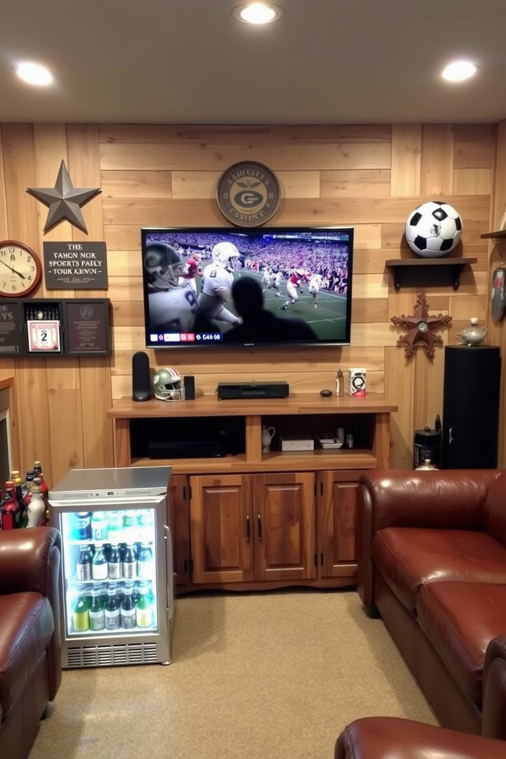 A rustic man cave designed for sports viewing features a large wall-mounted TV centered above a reclaimed wood console. Surrounding the TV are vintage sports memorabilia and comfortable leather seating, creating an inviting atmosphere for friends and family. The walls are adorned with barn wood paneling, enhancing the rustic charm of the space. A mini-fridge stocked with beverages is conveniently placed nearby, ensuring refreshments are always within reach during game time.