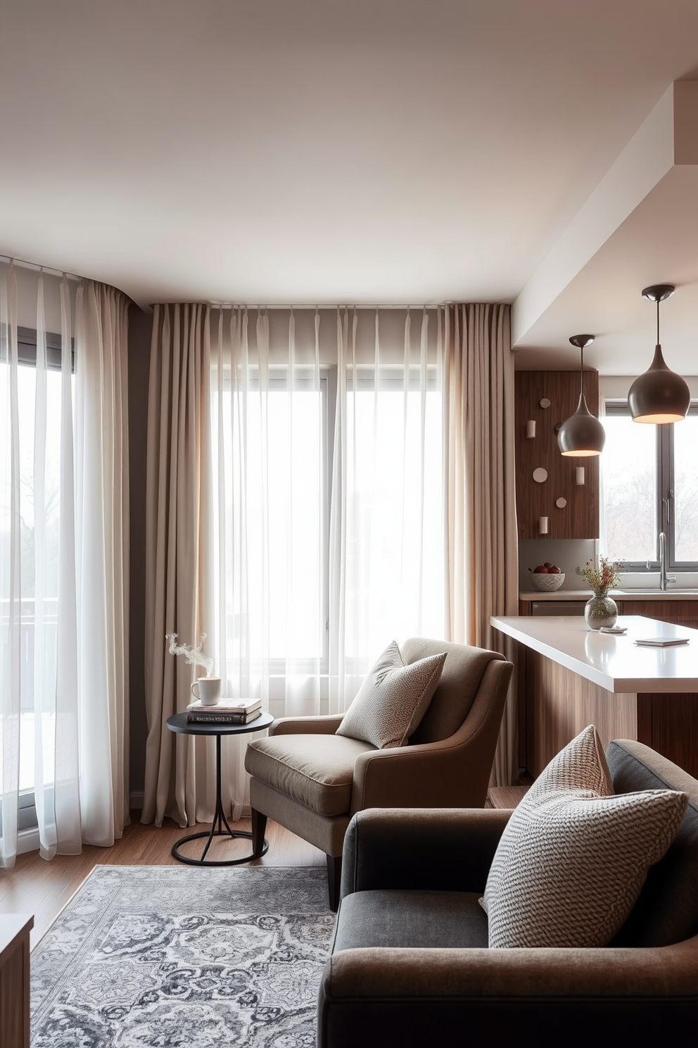 A cozy reading nook by the window features a plush armchair upholstered in soft fabric. A small side table holds a stack of books and a steaming cup of tea, while a warm throw blanket drapes over the chair. The walls are painted in a soft beige color that enhances the natural light streaming in. A large window with sheer curtains offers a view of the outside while maintaining a sense of privacy. Decorative shelves filled with books and personal mementos line one wall, creating an inviting atmosphere. A small floor lamp provides additional light for late-night reading sessions. In the basement apartment, a modern open layout maximizes space while maintaining a cozy feel. The use of warm wood tones and soft lighting creates an inviting ambiance perfect for relaxation.