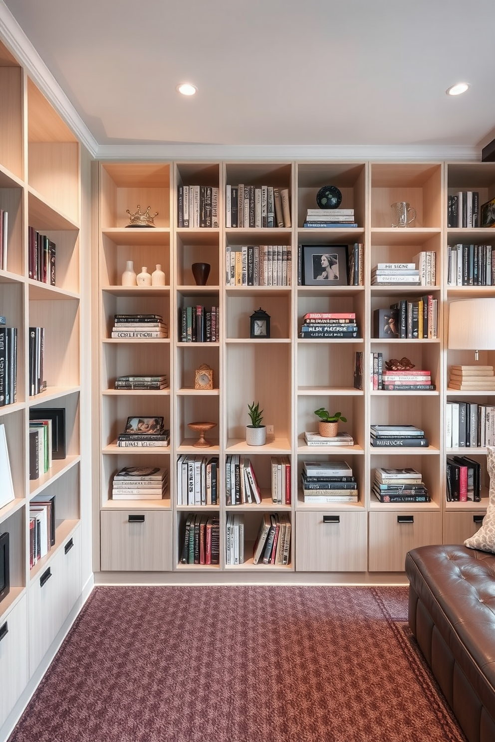 A cozy basement apartment featuring natural wood elements throughout the space. Exposed wooden beams line the ceiling, while warm wood flooring complements the earthy tones of the decor. The living area includes a comfortable sofa adorned with textured throw pillows and a reclaimed wood coffee table. Large windows allow natural light to flood in, enhancing the inviting atmosphere. The kitchen showcases wooden cabinetry paired with a sleek stone countertop, creating a harmonious blend of materials. A rustic dining table made of reclaimed wood adds character and serves as a perfect gathering spot. The bedroom features a wooden bed frame with soft linens and a plush area rug for added comfort. Natural wood accents in the lighting fixtures and decor create a cohesive and warm ambiance throughout the apartment.