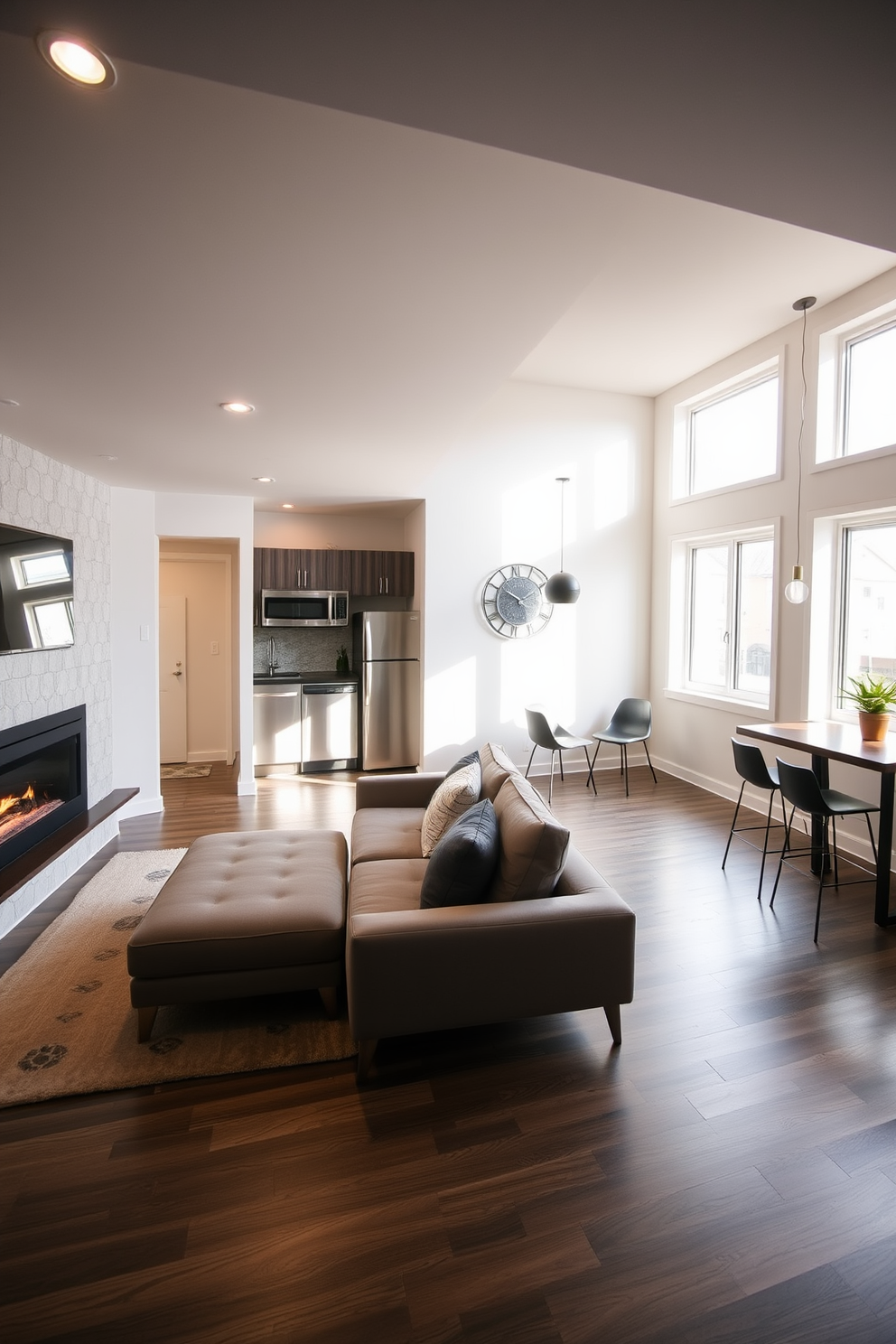 A sleek minimalist kitchen design features clean lines and a monochromatic color palette. The cabinetry is handleless, seamlessly integrated into the walls, and the countertop is a polished white stone that reflects light beautifully. For the basement apartment design ideas, the space is transformed into a cozy yet modern living area. Large windows allow natural light to flood in, highlighting the warm wood tones and soft furnishings that create an inviting atmosphere.