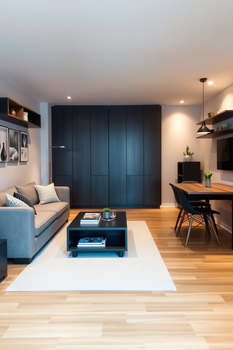 A sleek wall-mounted desk is positioned against a light gray wall, providing a modern touch to the compact workspace. Above the desk, open shelving displays neatly organized books and decorative items, enhancing the room's functionality and style. The basement apartment features large windows that allow natural light to flood the space, creating an inviting atmosphere. Cozy seating arrangements with plush cushions and a small coffee table complete the area, making it perfect for relaxation and productivity.