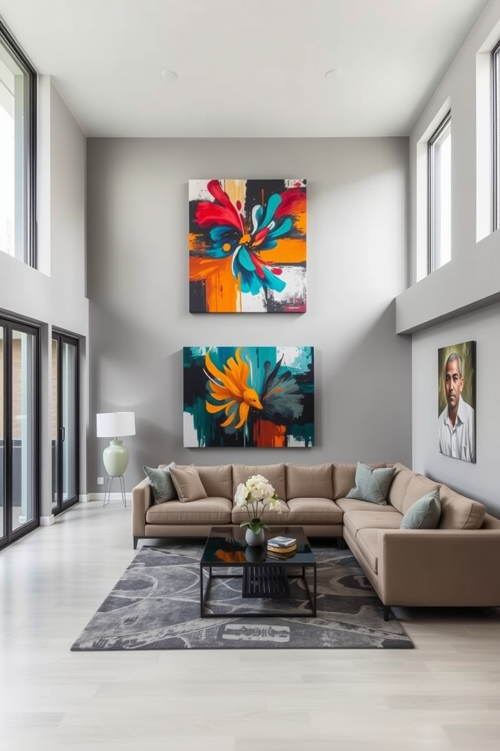 A modern basement apartment featuring a statement art piece as the focal point. The walls are painted in a soft gray, creating a serene backdrop that enhances the vibrant colors of the artwork. The living area includes a comfortable sectional sofa in a neutral tone, complemented by a sleek coffee table. Large windows allow natural light to fill the space, highlighting the unique textures and finishes throughout the apartment.