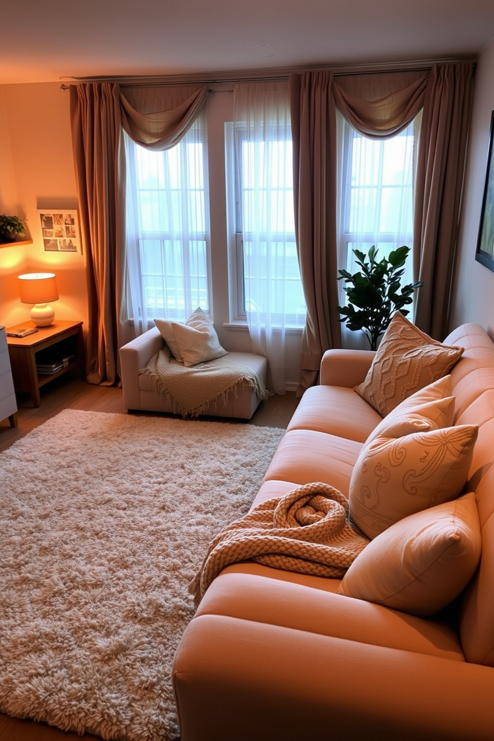 A cozy basement apartment featuring soft textiles that enhance both comfort and style. The living area is adorned with plush sofas and an oversized area rug that invites relaxation. Warm lighting creates an inviting atmosphere, complemented by layered curtains that frame the windows. Decorative throw pillows and a knitted blanket add texture and warmth to the seating arrangement.