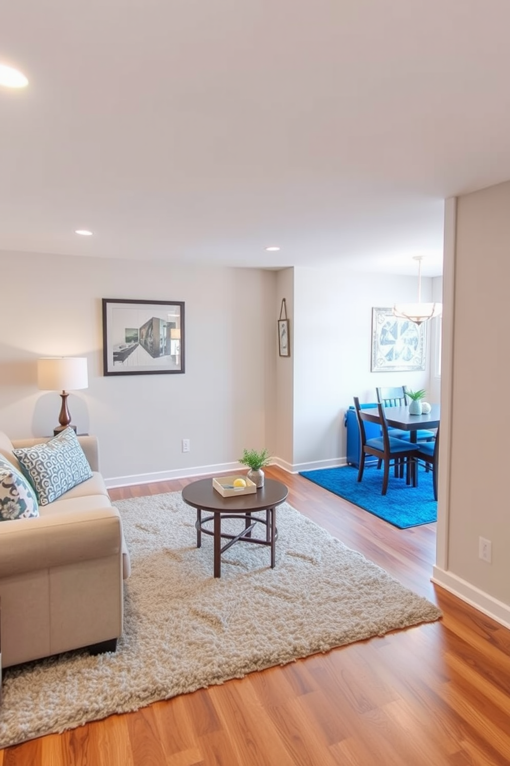 Create a cozy basement apartment that utilizes area rugs to define different zones within the space. The living area features a plush area rug in soft gray, contrasting with a vibrant blue rug in the dining nook, creating distinct yet harmonious sections.