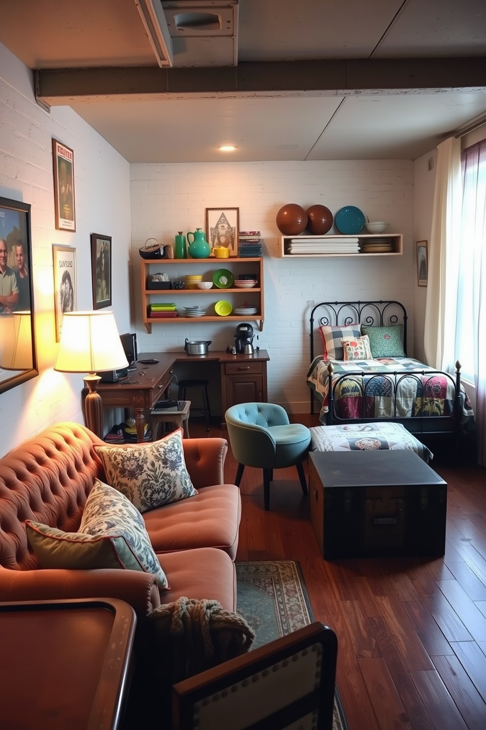 A cozy basement apartment featuring vintage decor elements that add character and charm. The living area includes a plush, tufted velvet sofa paired with an antique wooden coffee table and mismatched armchairs. The walls are adorned with framed vintage posters and a retro floor lamp provides warm lighting. A small kitchenette showcases a distressed wooden island and open shelving displaying colorful ceramic dishware. In the bedroom nook, a wrought-iron bed frame is dressed with a patchwork quilt and vintage throw pillows. A vintage trunk serves as a bedside table, while a large window with sheer curtains lets in natural light.