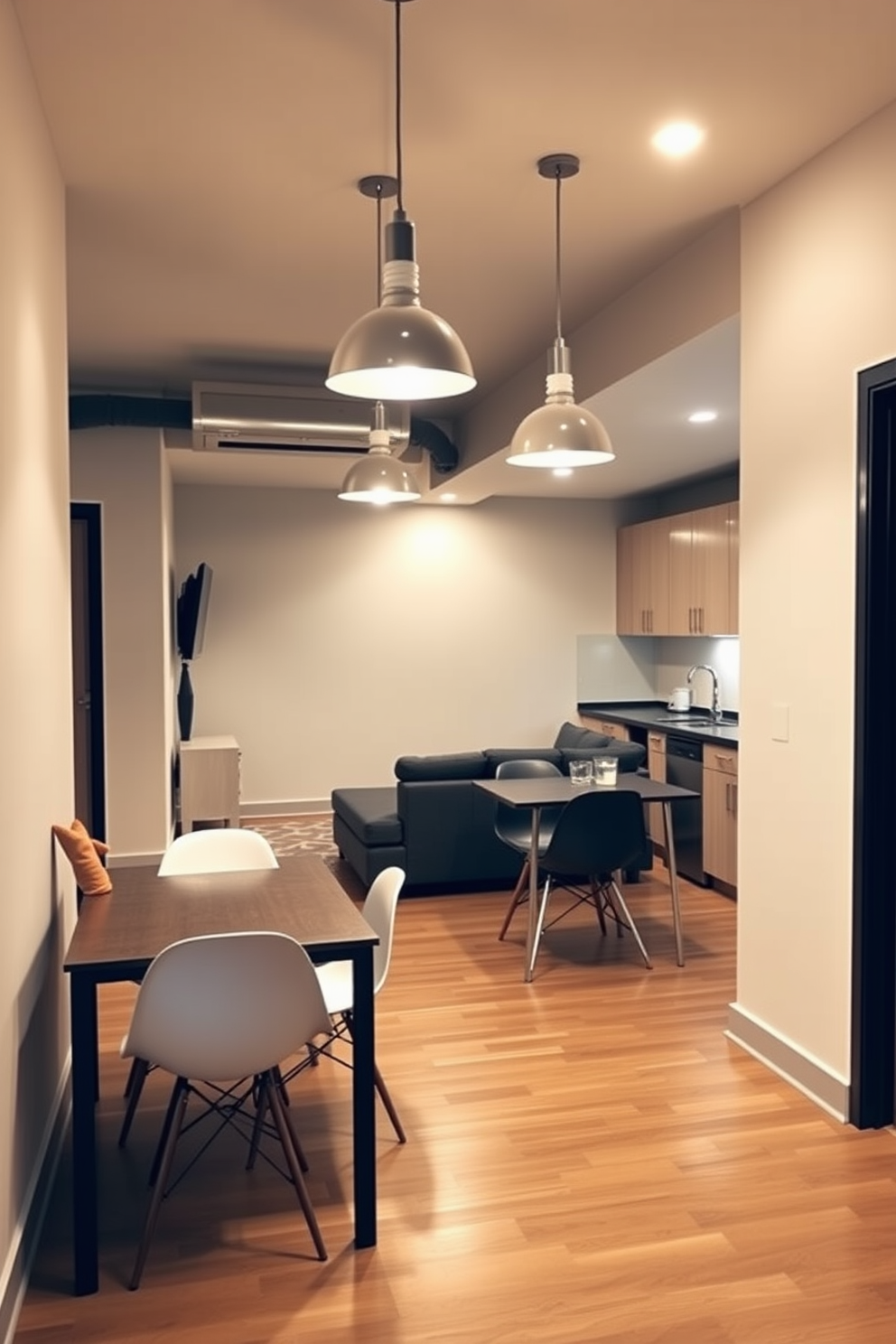 A cozy basement apartment featuring an open layout with a stylish living area. The space is illuminated by sleek pendant lights hanging from the ceiling, adding a modern touch to the warm atmosphere. The living area includes a comfortable sectional sofa facing a wall-mounted TV. A compact dining table with contemporary chairs sits adjacent to the kitchen, which boasts minimalist cabinetry and stainless steel appliances.