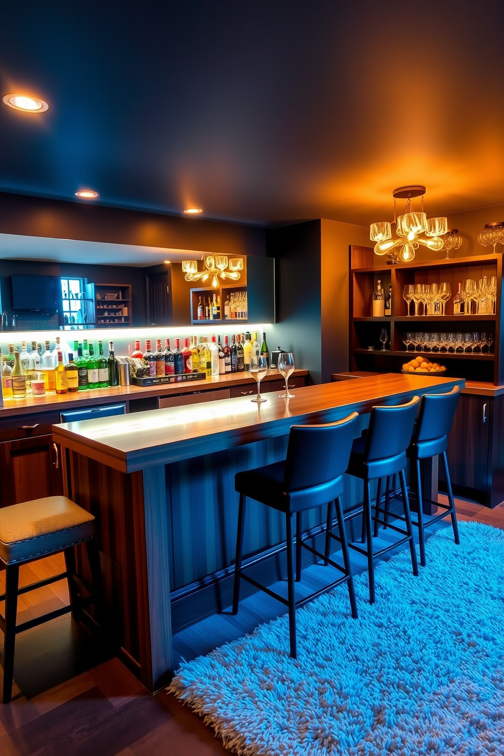 Create a stylish bar area for entertaining in a basement apartment. The space features a sleek wooden bar with high stools and a mirrored backsplash, complemented by ambient lighting that sets the mood for gatherings. On one side, there are shelves stocked with an array of spirits and glassware. The walls are painted in a deep navy blue, and a plush area rug adds warmth to the floor, creating an inviting atmosphere for guests.