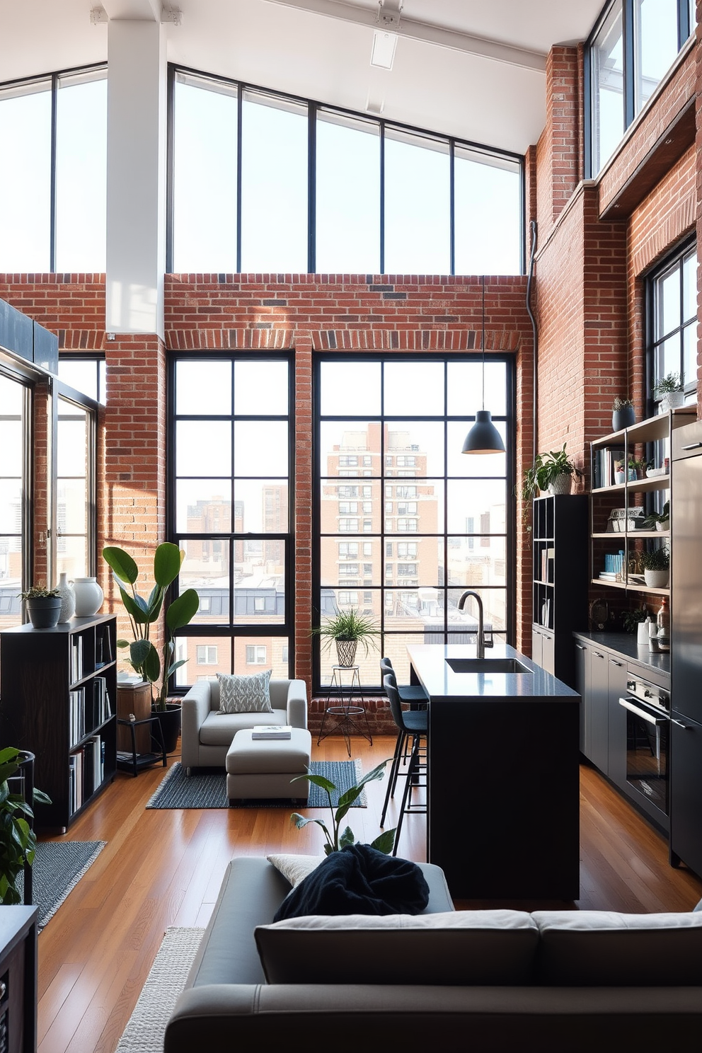 Maximize natural light with large windows that create an airy and bright atmosphere. The decor features a blend of modern and rustic elements, with exposed brick walls and sleek furniture. Incorporate open shelving to display books and plants, adding a personal touch to the space. The layout is designed for functionality, with a cozy seating area and a compact kitchen that encourages social interaction.