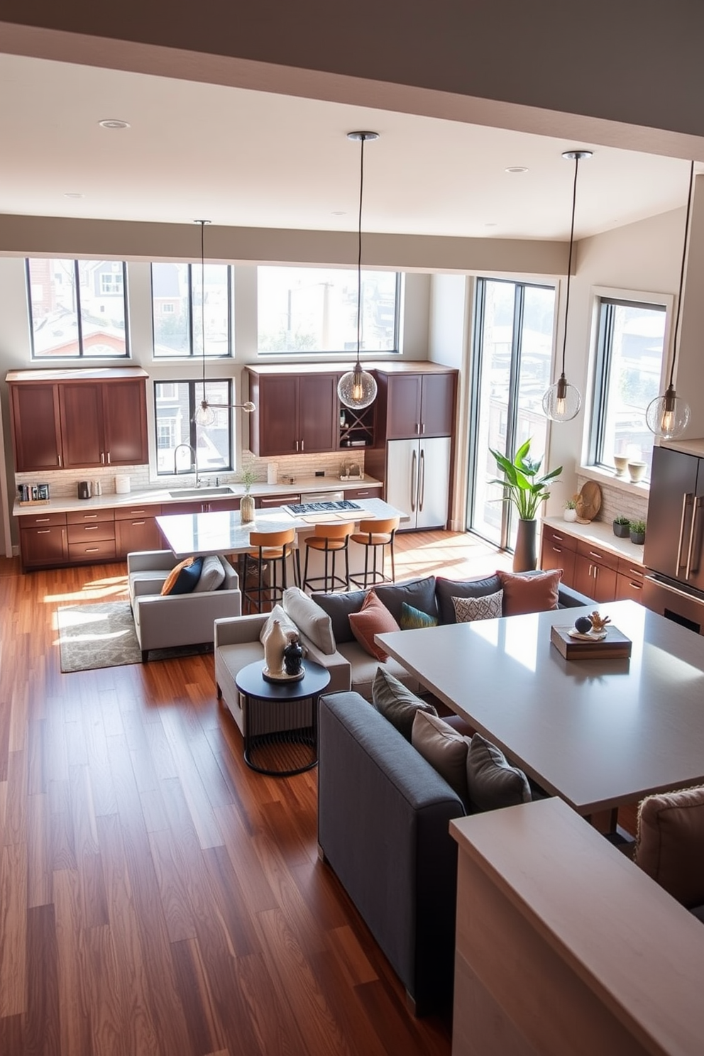 A stylish open concept living and dining area designed for a basement apartment. The space features a cozy sectional sofa in a light gray fabric paired with a sleek glass coffee table and a statement area rug. Adjacent to the living area, the dining space showcases a modern wooden table surrounded by upholstered chairs. Large windows allow natural light to flood the room, enhancing the warm tones of the decor.