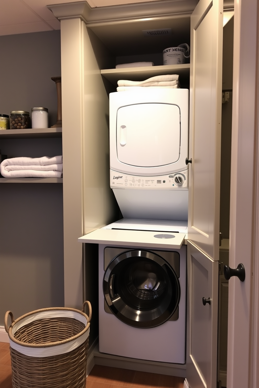 A functional laundry nook is integrated into the corner of a cozy basement apartment. The space features a compact washer and dryer stacked vertically, surrounded by custom cabinetry in a soft gray finish. Above the appliances, open shelving displays neatly folded towels and laundry supplies. A small countertop extends to provide a folding space, while a stylish laundry basket sits nearby for added convenience.