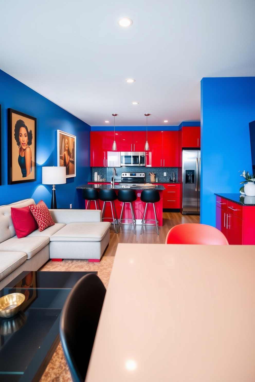 A modern basement apartment featuring an accent wall painted in a vibrant blue. The space includes a cozy seating area with a plush sectional sofa and a sleek coffee table, complemented by bold artwork on the walls. The kitchen area is designed with high-gloss red cabinets and stainless steel appliances. A stylish dining table with colorful chairs creates a lively atmosphere for entertaining guests.