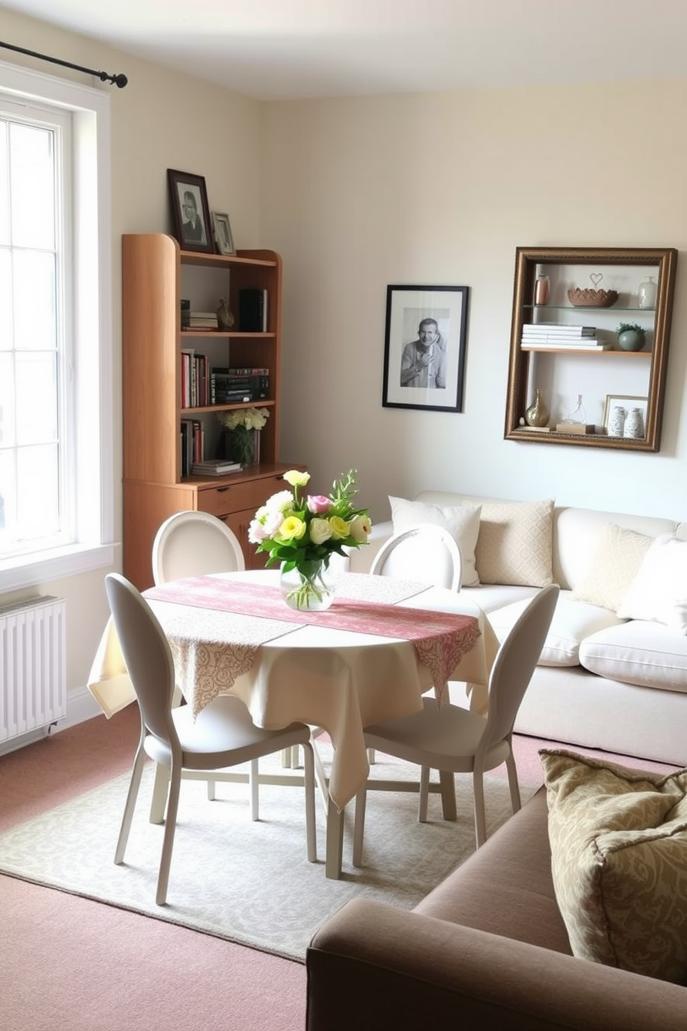 A cozy basement apartment featuring a small dining table with four chairs positioned next to a window that allows natural light to filter in. The table is set with an elegant tablecloth and a centerpiece of fresh flowers, creating an inviting atmosphere for meals. The living area includes a comfortable sofa adorned with plush cushions, and a soft area rug adds warmth to the space. The walls are painted in a light neutral tone, and decorative shelving displays books and personal mementos, enhancing the apartment's charm.