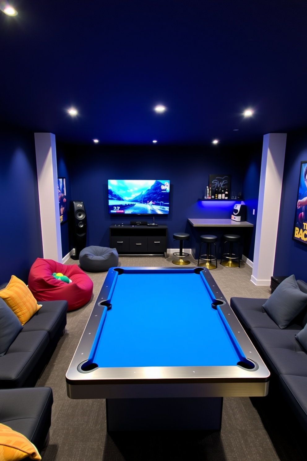 A vibrant game area in a basement apartment featuring a sleek pool table at the center surrounded by comfortable seating. The walls are painted in a deep navy blue, and ambient lighting highlights the space, creating an inviting atmosphere for friends and family. In one corner, a modern gaming console setup with a large flat-screen TV is complemented by plush bean bags for relaxed seating. A mini bar with stylish stools sits against the wall, stocked with refreshments for an enjoyable entertainment experience.