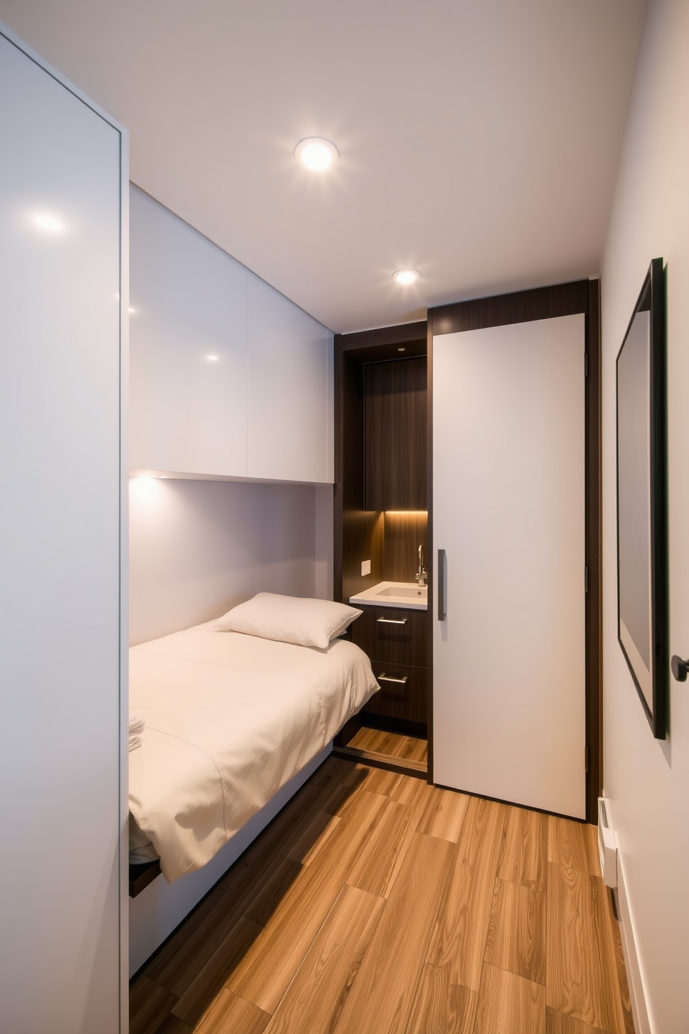 A modern basement apartment design featuring a versatile Murphy bed that seamlessly folds into the wall when not in use. The space is illuminated with warm lighting, creating a cozy atmosphere, while a small kitchenette with sleek cabinetry complements the overall aesthetic.