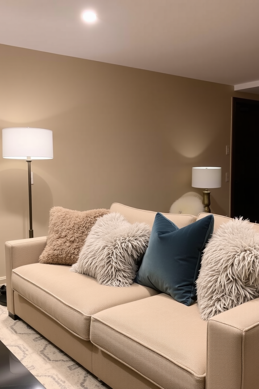 A stylish basement apartment features a cozy sofa adorned with plush throw pillows, inviting relaxation and comfort. The walls are painted in a warm beige, complementing the soft lighting from stylish floor lamps scattered around the space.