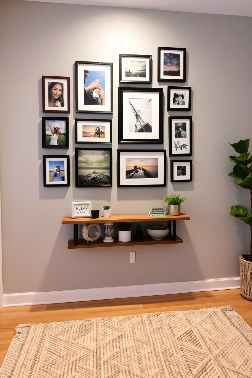 Create a gallery wall featuring a mix of framed photographs and art pieces in various sizes. The wall is painted in a soft gray tone, providing a neutral backdrop that enhances the vibrant colors of the artwork. Incorporate a stylish wooden shelf below the gallery wall to display small decor items and plants. The floor is covered with a cozy, textured area rug that adds warmth to the basement apartment setting.