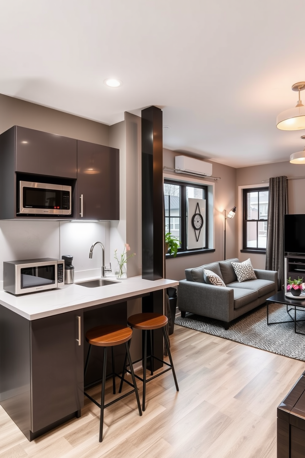 A stylish basement apartment featuring unique light fixtures as focal points. The space is designed with an open layout, showcasing a modern kitchen with sleek cabinetry and a cozy living area. The light fixtures are artistic and bold, drawing attention and adding character to the room. Soft neutral tones on the walls complement the warm wood accents throughout the apartment.