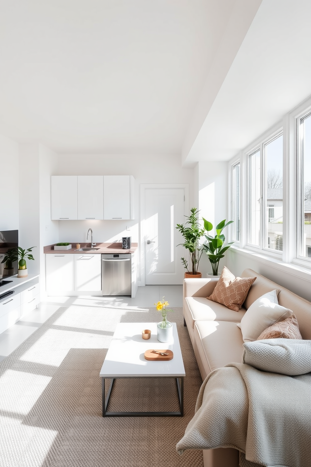 A cozy basement apartment designed with a light color palette to create an airy and spacious feel. The walls are painted in soft whites and pale grays, complemented by light wood flooring that enhances the open atmosphere. The living area features a comfortable sectional sofa in a light fabric, paired with a glass coffee table and a plush area rug. Large windows allow natural light to flood in, while sheer curtains add a touch of elegance without blocking the view.