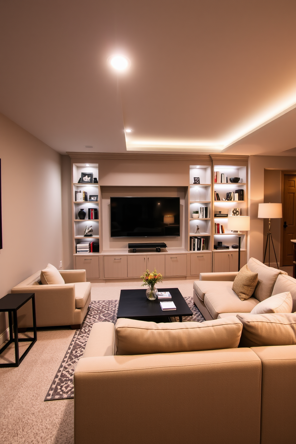 A cozy basement apartment designed for relaxation and entertainment. The TV area features a large flat-screen TV mounted on a feature wall with built-in shelving for books and decorative items. A plush sectional sofa in a neutral tone faces the TV, complemented by a stylish coffee table in front. Soft ambient lighting from recessed fixtures and floor lamps creates a warm and inviting atmosphere.