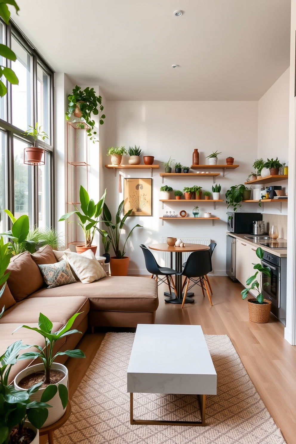 A cozy basement apartment featuring an open layout with a living area that includes a plush sectional sofa and a sleek coffee table. Large windows allow natural light to flood the space, while potted plants are strategically placed to enhance the ambiance and bring a touch of nature indoors. The kitchen area boasts modern appliances with a minimalist design, complemented by a small dining table surrounded by stylish chairs. Shelves adorned with various plants and decorative items create a warm and inviting atmosphere throughout the apartment.