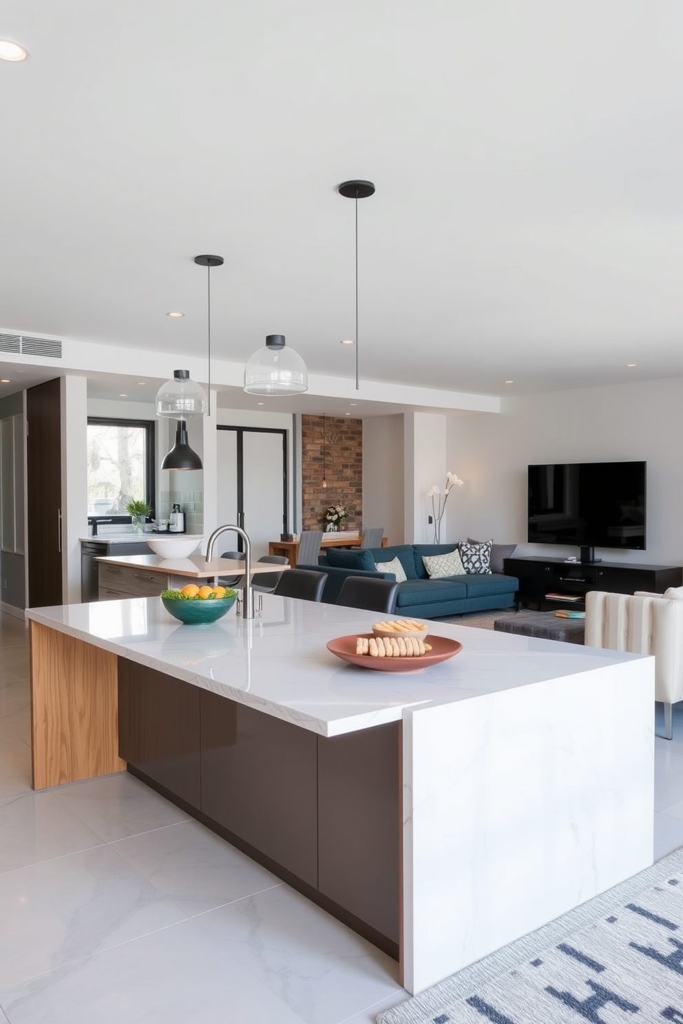 Stylish kitchen island for dining space. The island features a sleek quartz countertop with bar seating on one side, complemented by modern pendant lights hanging above. Basement apartment design ideas. The layout includes an open-concept living area with a cozy sectional sofa, a compact kitchenette, and large windows to maximize natural light.