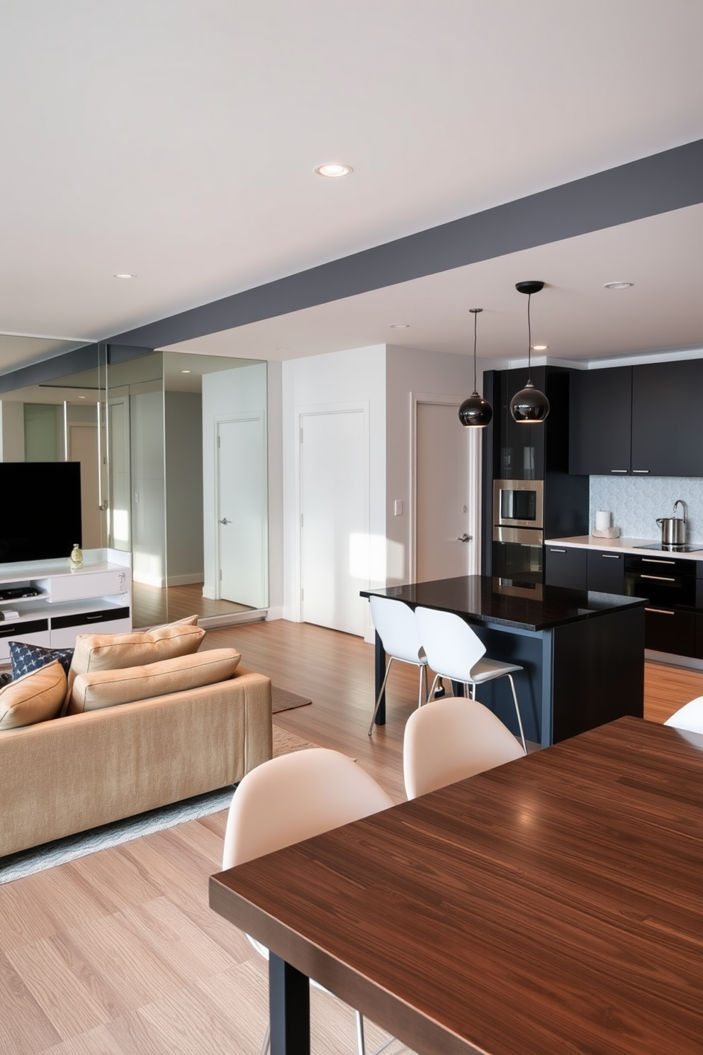 A cozy basement apartment design featuring wall-mounted shelving that provides extra storage while maintaining an open feel. The shelves are made of reclaimed wood, adding warmth to the space, and are adorned with decorative items and books for a personal touch.