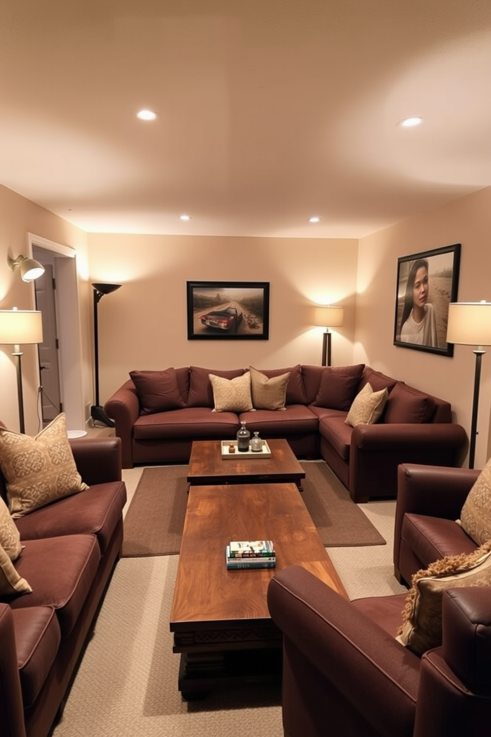 A cozy basement apartment featuring a warm color palette that creates an inviting ambiance. The walls are painted in soft beige, complemented by rich brown furniture and golden accents throughout the space. A comfortable sectional sofa is positioned around a rustic wooden coffee table, with plush throw pillows adding a touch of warmth. Ambient lighting from stylish floor lamps enhances the welcoming atmosphere, while a small bookshelf filled with books and decorative items adds personality to the room.