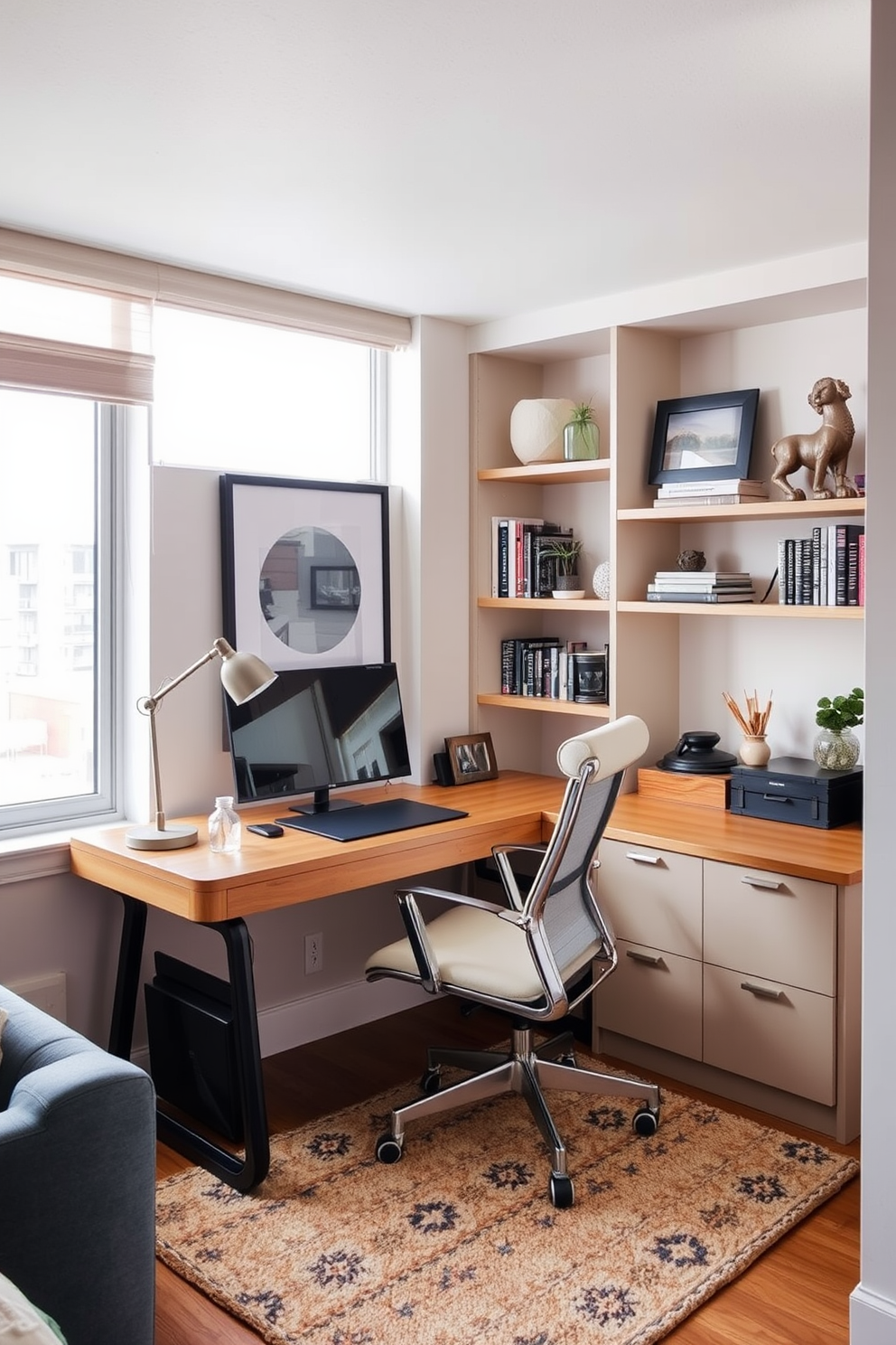 A cozy basement apartment filled with natural light streaming through large windows. The open layout features a comfortable sitting area with a plush sofa and a stylish coffee table, creating an inviting atmosphere. Adjacent to the sitting area, a compact kitchen showcases modern appliances and a sleek island with bar stools. Soft, neutral tones on the walls complement the warm wooden flooring, enhancing the overall brightness of the space.