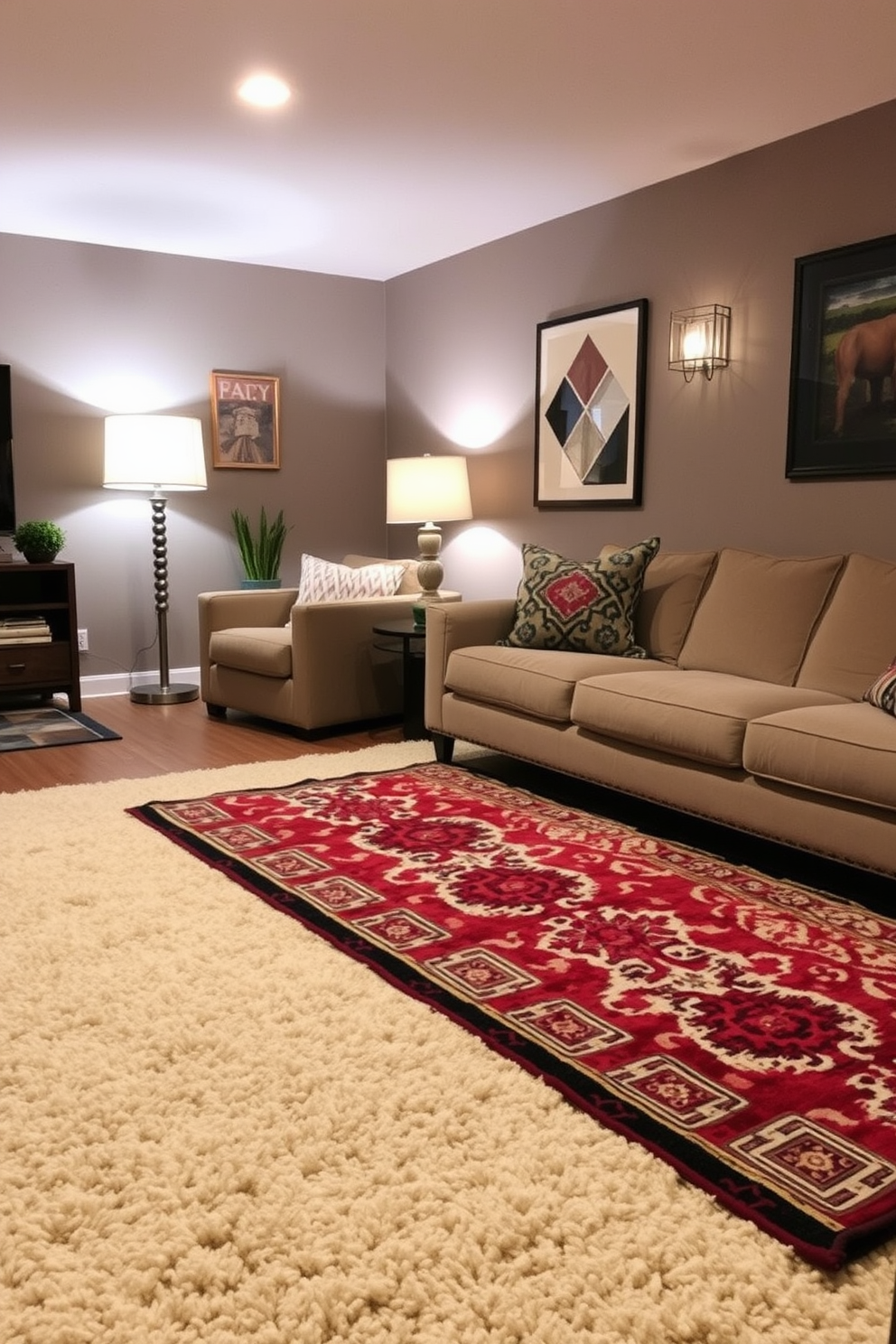 Layered rugs in a cozy basement apartment create a rich tapestry of texture and warmth. The first rug, a plush neutral tone, is topped with a bold patterned runner that adds visual interest and comfort underfoot. Incorporate soft lighting to enhance the inviting atmosphere of the space. A combination of floor lamps and wall sconces will create a warm glow, perfect for relaxation and entertaining.