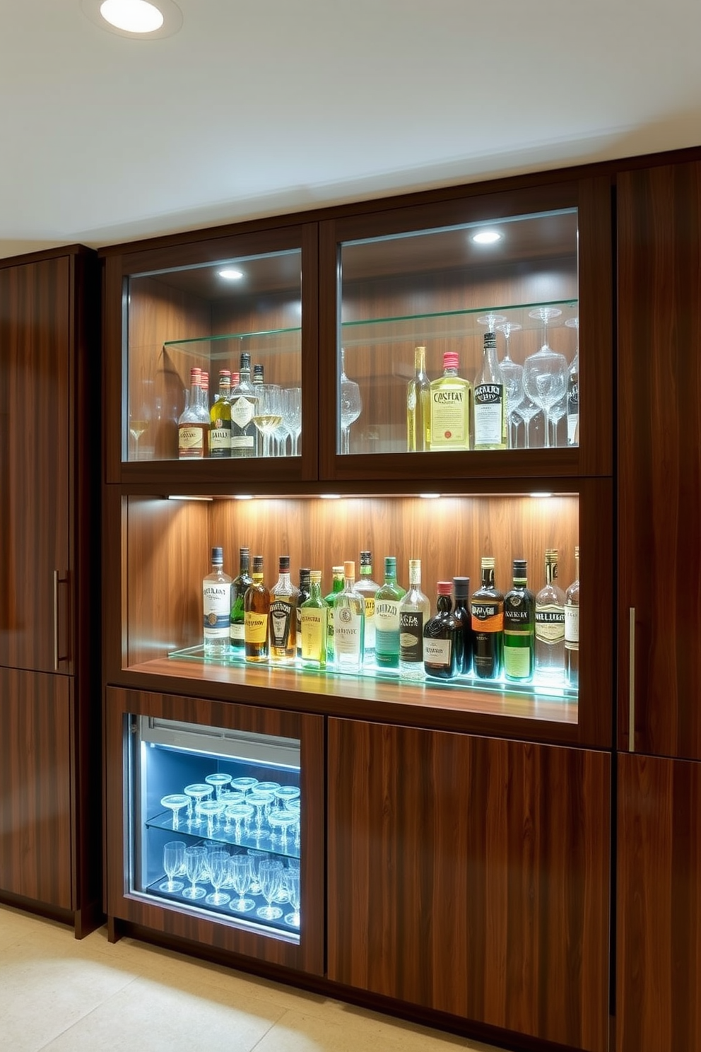 Sleek modern cabinetry with glass doors creates an elegant and functional basement bar. The cabinetry is finished in a rich walnut wood, and behind the glass doors, illuminated shelves display an array of premium spirits and glassware.