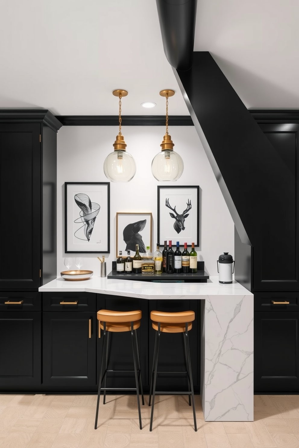 A classic black and white basement bar features sleek black cabinetry paired with a white marble countertop. The walls are adorned with black and white artwork, and elegant pendant lights hang above the bar area.