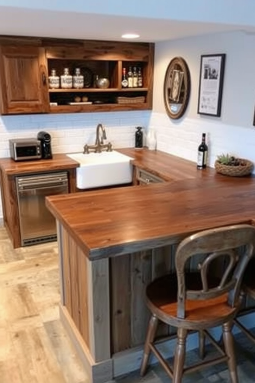 A cozy basement bar design featuring a farmhouse sink with rustic fixtures. The bar is crafted from reclaimed wood, showcasing a warm, inviting atmosphere with vintage-style bar stools arranged around it.