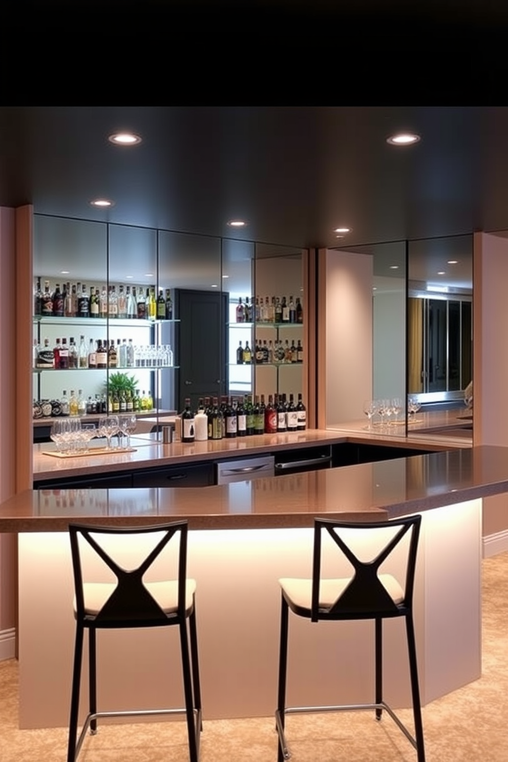 A mirrored bar back creates an illusion of spaciousness in the basement bar. The design features a sleek countertop with stylish bar stools and ambient lighting for a warm atmosphere.