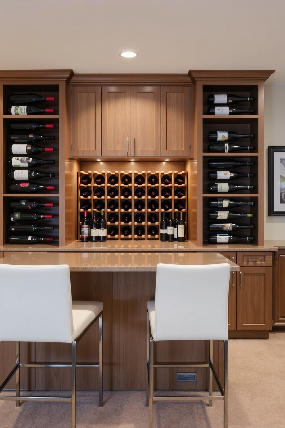 A custom wine rack is elegantly integrated into the cabinetry, showcasing a variety of wine bottles in a visually appealing arrangement. The basement bar features a sleek countertop with bar stools, creating an inviting space for entertaining guests.