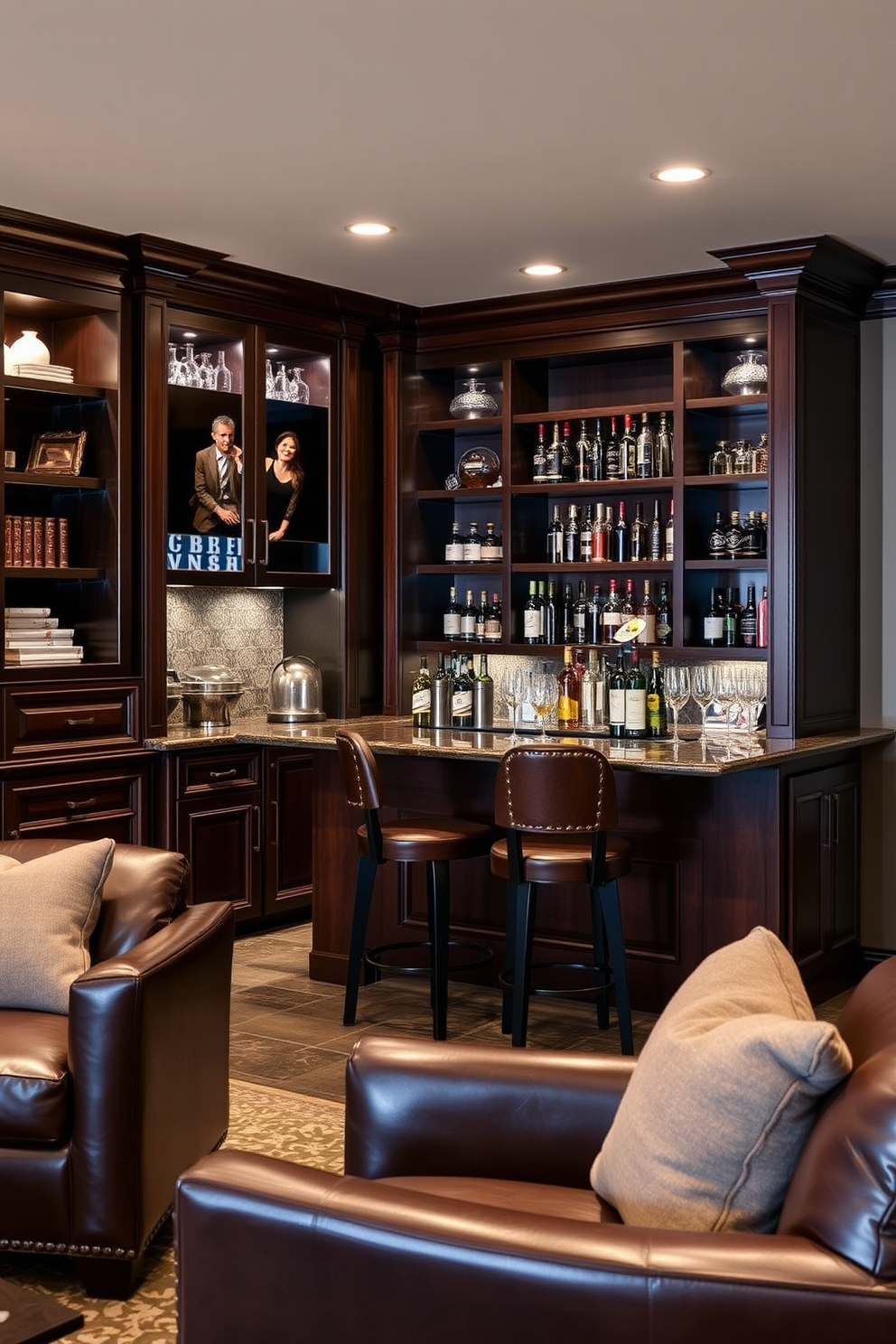 A stylish basement bar featuring rich dark wood tones throughout the cabinetry and shelving. The seating area is adorned with plush leather chairs that invite relaxation and conversation.