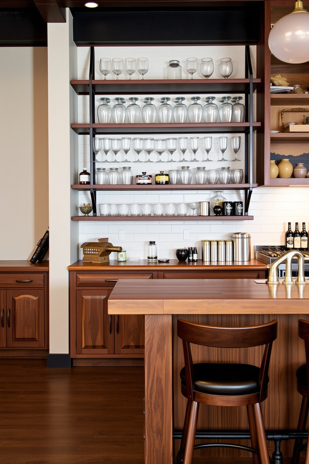 Open shelving is strategically placed for easy access to glassware and bottles. The bar features a rustic wooden counter with stylish bar stools and ambient lighting for a cozy atmosphere.