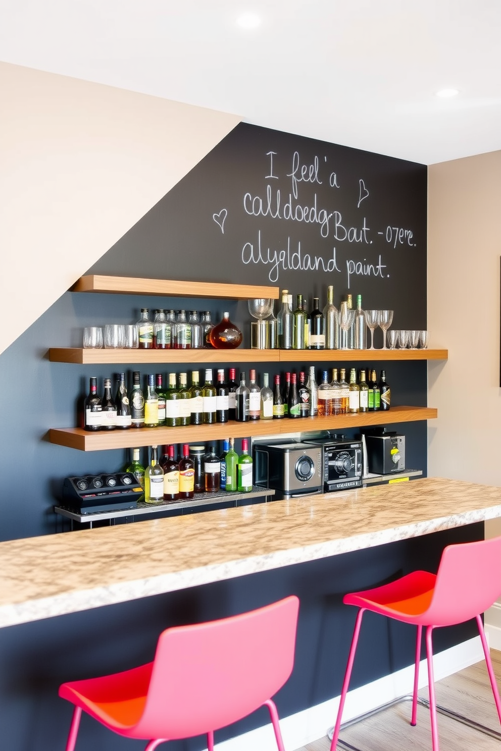 A stylish basement bar featuring an accent wall painted with chalkboard paint. The bar area includes sleek wooden shelves stocked with various spirits and glassware, complemented by modern bar stools in a vibrant color.