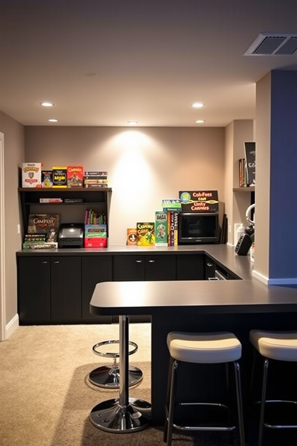 A stylish basement bar area designed for both gaming and entertaining. The space features a sleek bar counter with high stools, an assortment of board games neatly arranged on a shelf, and ambient lighting that creates a cozy atmosphere.